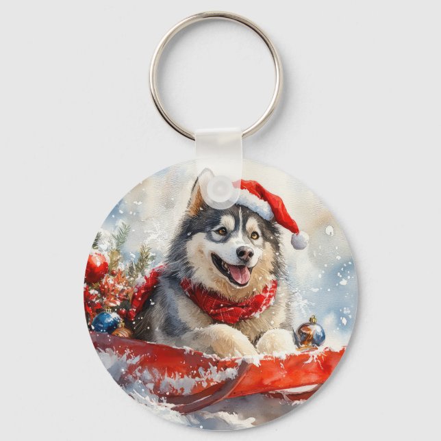 Alaskan Malamute in Sledge Let it Snow Christmas Key Ring (Front)