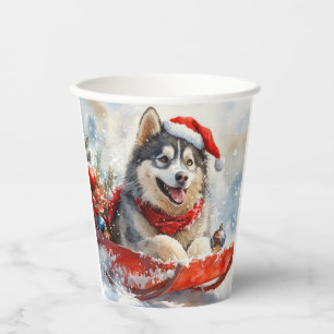 Alaskan Malamute in Sledge Let it Snow Christmas Paper Cups