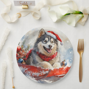 Alaskan Malamute in Sledge Let it Snow Christmas Paper Plate