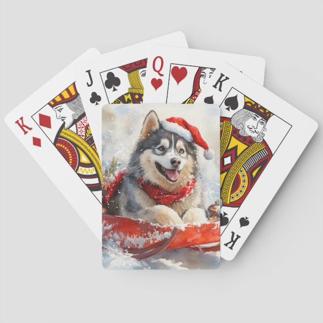 Alaskan Malamute in Sledge Let it Snow Christmas Playing Cards (Back)