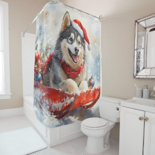 Alaskan Malamute in Sledge Let it Snow Christmas Shower Curtain