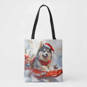 Alaskan Malamute in Sledge Let it Snow Christmas Tote Bag