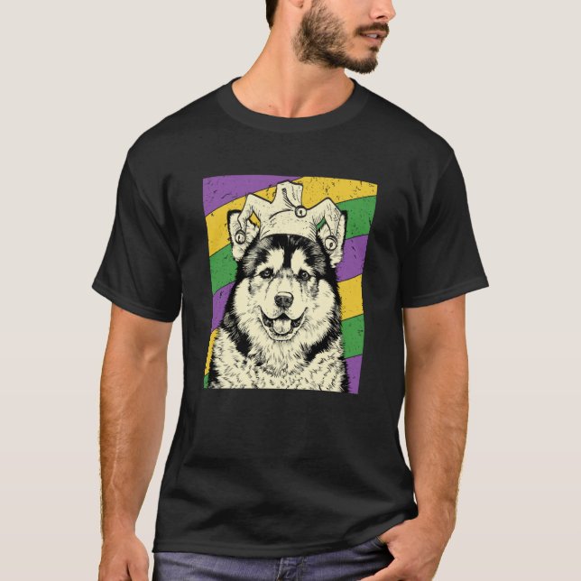 Alaskan Malamute Jester  Mardi Gras Dog Mom or Dad T-Shirt (Front)