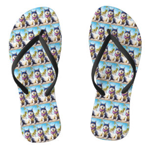 Alaskan Malamute on Beach, summer gift Jandals