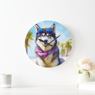 Alaskan Malamute on Beach, summer gift Large Clock