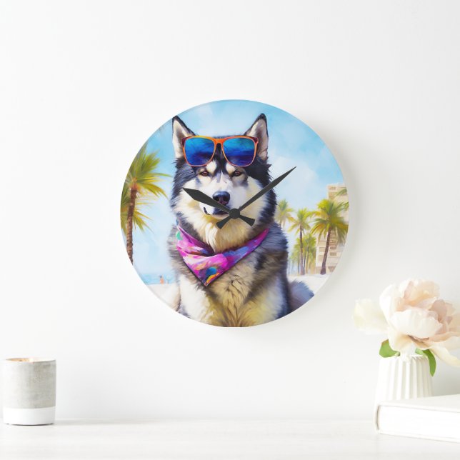 Alaskan Malamute on Beach, summer gift Large Clock (Home)