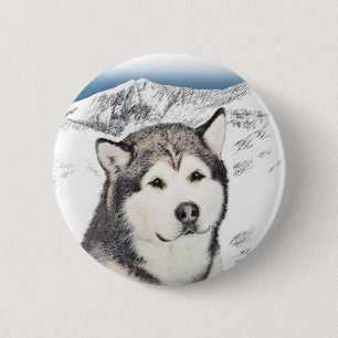 Alaskan Malamute Painting - Cute Original Dog Art 6 Cm Round Badge