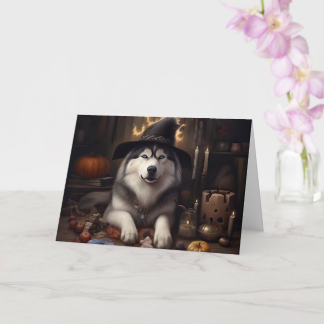 Alaskan Malamute Pumpkins Halloween Scary Card (Orchid)
