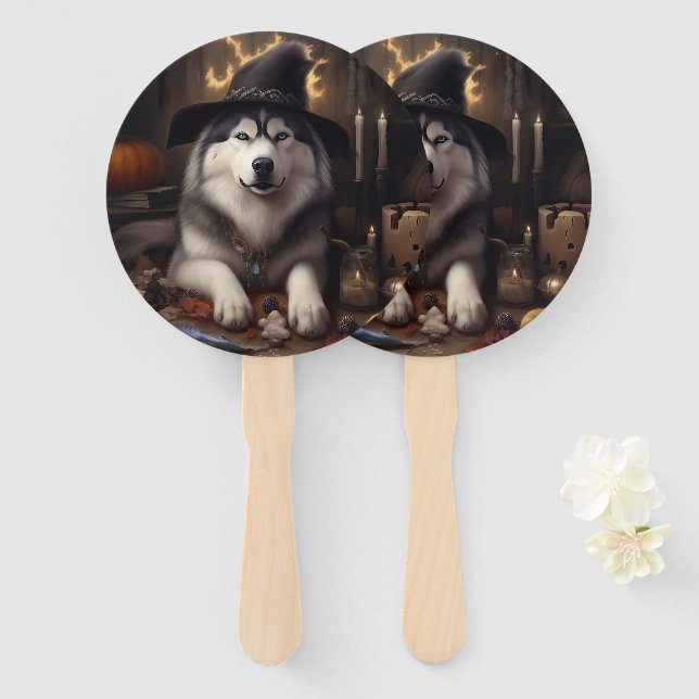 Alaskan Malamute Pumpkins Halloween Scary Hand Fan (Front and Back)