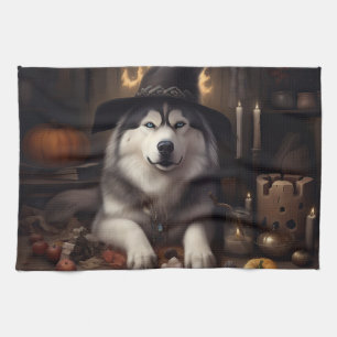 Alaskan Malamute Pumpkins Halloween Scary Tea Towel