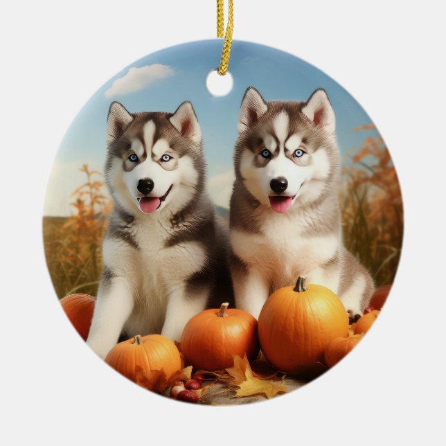 Alaskan Malamute Puppy Autumn Delight Pumpkin Ceramic Tree Decoration (Front)