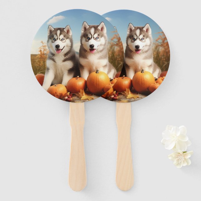 Alaskan Malamute Puppy Autumn Delight Pumpkin Hand Fan (Front and Back)