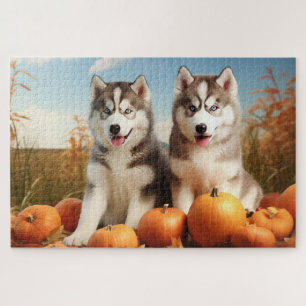 Alaskan Malamute Puppy Autumn Delight Pumpkin Jigsaw Puzzle