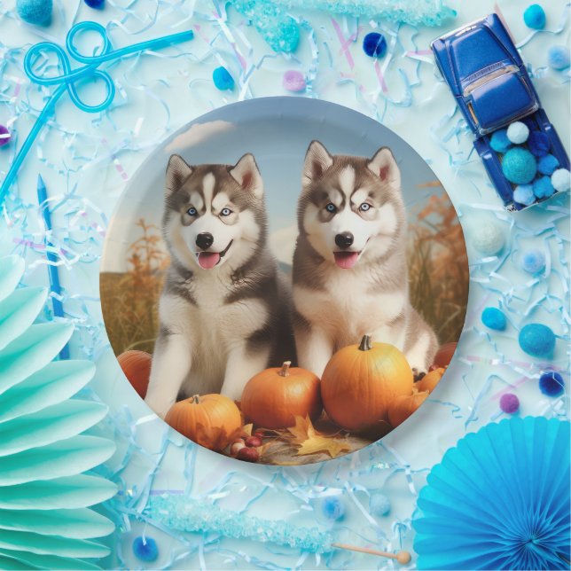 Alaskan Malamute Puppy Autumn Delight Pumpkin Paper Plate (Party)
