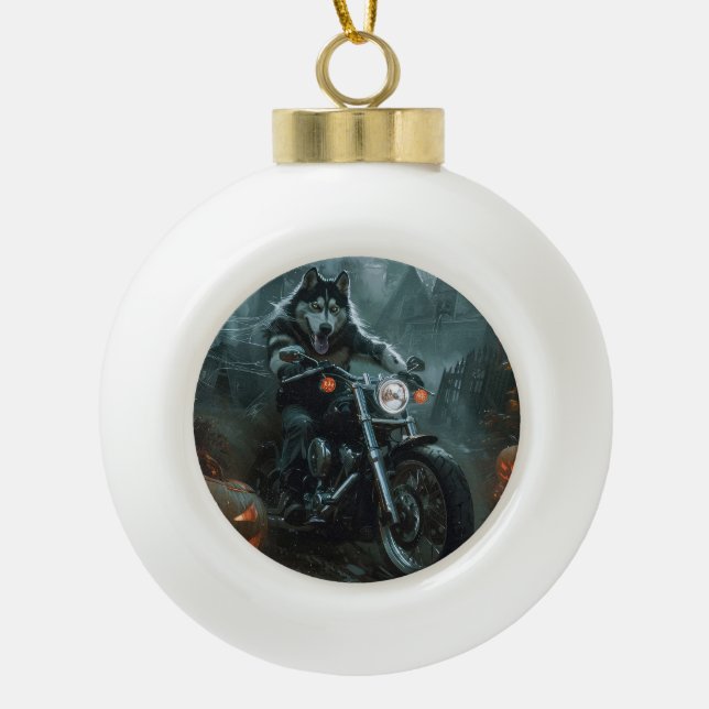 Alaskan Malamute Riding Motorcycle Halloween Scary Ceramic Ball Christmas Ornament (Front)