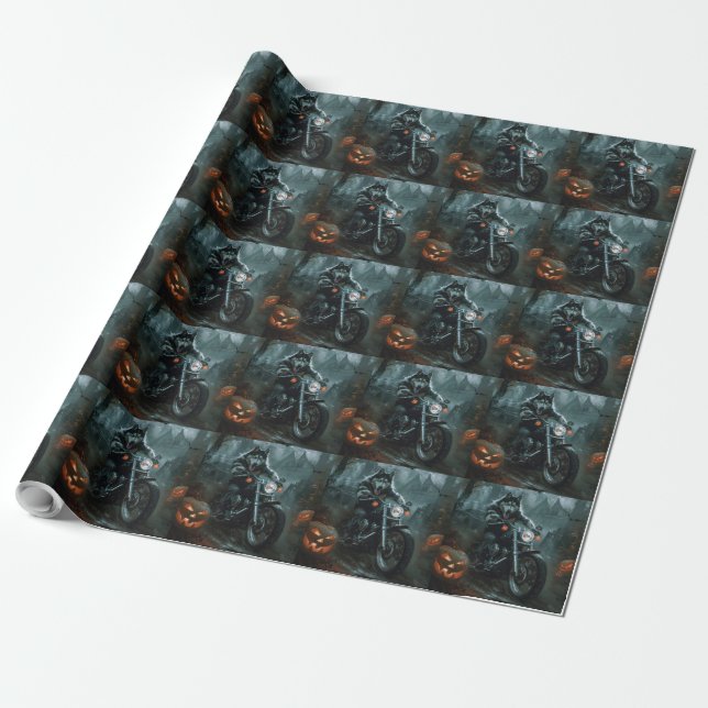 Alaskan Malamute Riding Motorcycle Halloween Scary Wrapping Paper (Unrolled)