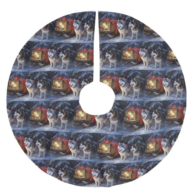 Alaskan Malamute Snowy Sleigh Ride Christmas  Brushed Polyester Tree Skirt (Front)