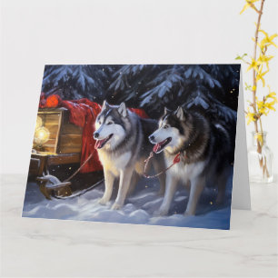 Alaskan Malamute Snowy Sleigh Ride Christmas Card