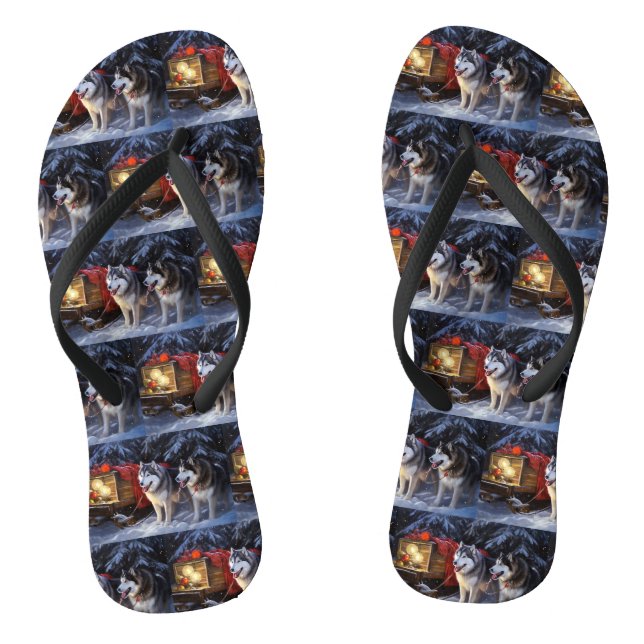 Alaskan Malamute Snowy Sleigh Ride Christmas  Jandals (Footbed)