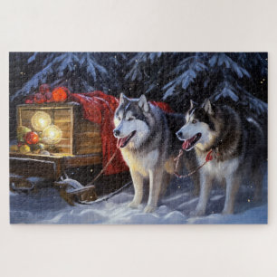 Alaskan Malamute Snowy Sleigh Ride Christmas Jigsaw Puzzle