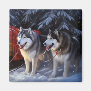 Alaskan Malamute Snowy Sleigh Ride Christmas Magnet