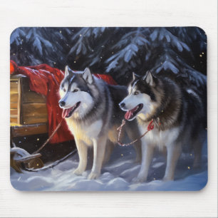 Alaskan Malamute Snowy Sleigh Ride Christmas  Mouse Pad