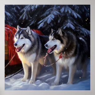 Alaskan Malamute Snowy Sleigh Ride Christmas Poster