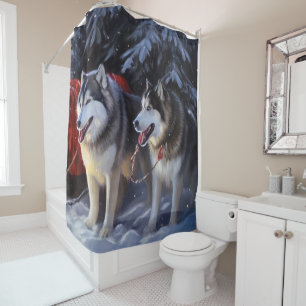 Alaskan Malamute Snowy Sleigh Ride Christmas Shower Curtain