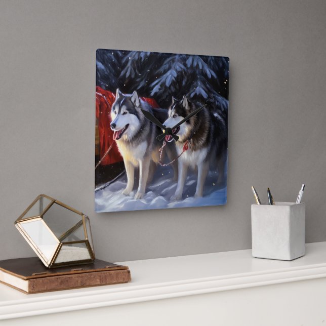 Alaskan Malamute Snowy Sleigh Ride Christmas  Square Wall Clock (Office)