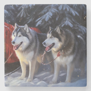 Alaskan Malamute Snowy Sleigh Ride Christmas  Stone Coaster