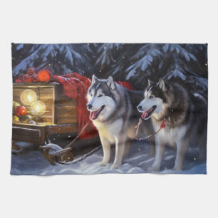 Alaskan Malamute Snowy Sleigh Ride Christmas  Tea Towel