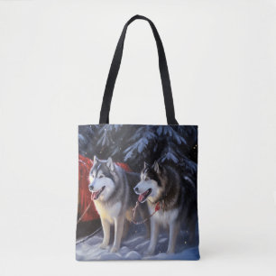 Alaskan Malamute Snowy Sleigh Ride Christmas Tote Bag