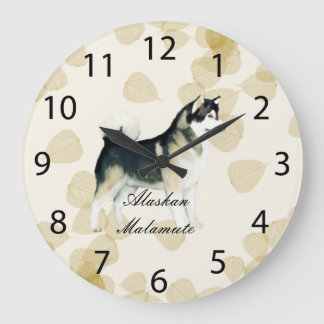 Alaskan Malamute ~ Tan Leaves Motiff Large Clock
