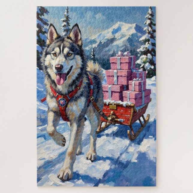 Alaskan Malamute Valentine's Day Sled Delivery Jigsaw Puzzle (Vertical)