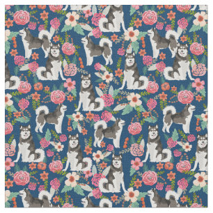 Alaskan Malamute vintage florals navy Fabric