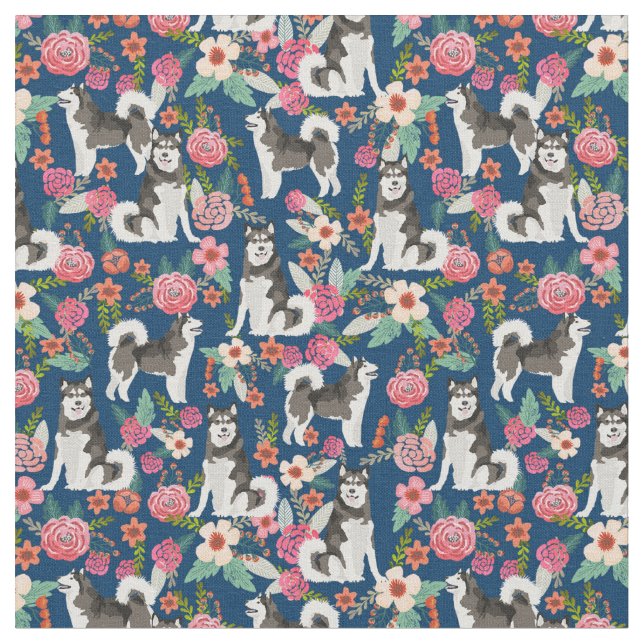 Alaskan Malamute vintage florals navy Fabric (Close Up)