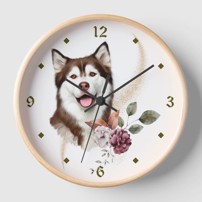 Alaskan Malamute Winter Bouquet Clock (Front)