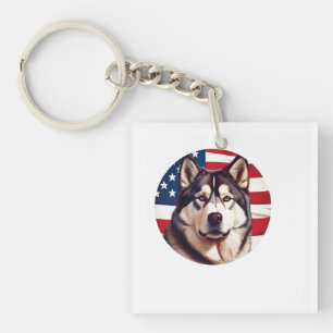 Alaskan Malamute With American Flag Background Key Ring
