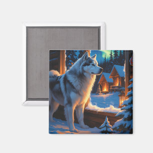 Alaskan Malamute With Christmas Lights Holiday Magnet