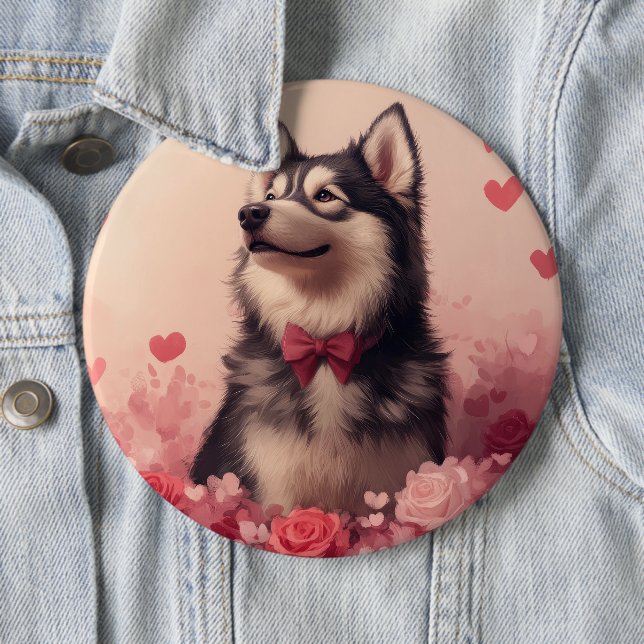 Alaskan Malamute with Roses - Valentine's Day  6 Cm Round Badge (In Situ)