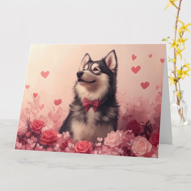 Alaskan Malamute with Roses - Valentine's Day  Card (Yellow Flower)