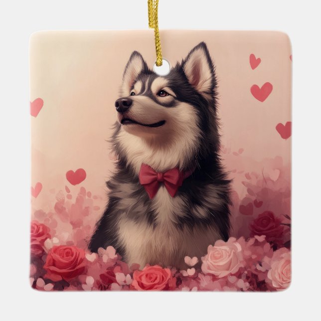 Alaskan Malamute with Roses - Valentine's Day  Ceramic Ornament (Front)
