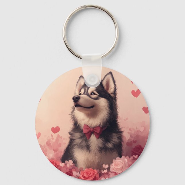 Alaskan Malamute with Roses - Valentine's Day  Key Ring (Front)