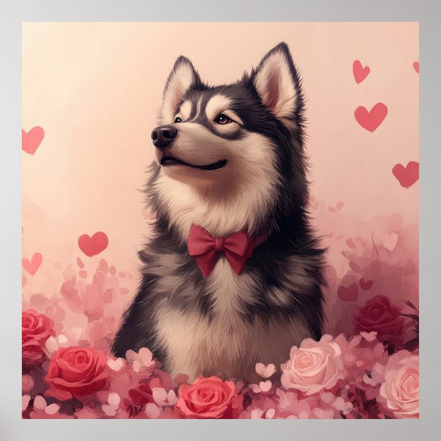 Alaskan Malamute with Roses - Valentine's Day  Poster (Front)