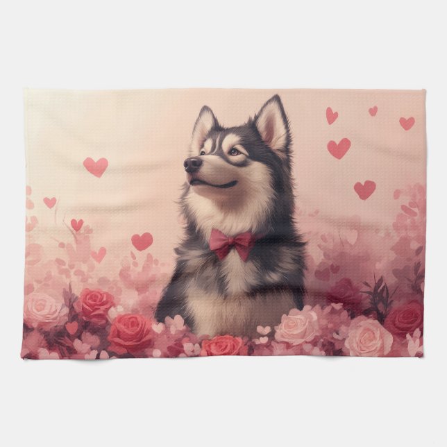 Alaskan Malamute with Roses - Valentine's Day  Tea Towel (Horizontal)