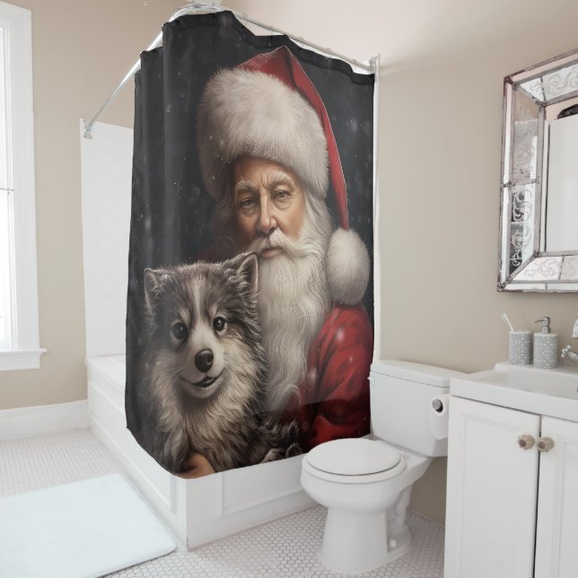 Alaskan Malamute with Santa Claus Christmas Shower Curtain (In Situ)