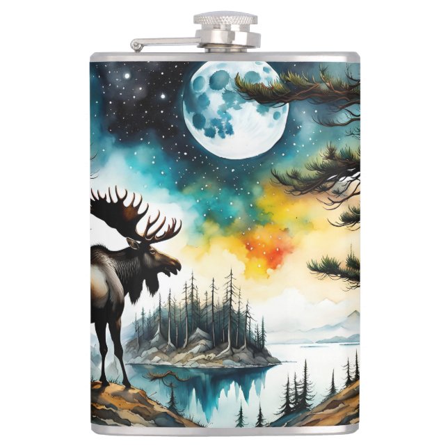 Alaskan Moose Standing on Mountain Ridge Hip Flask (Front)