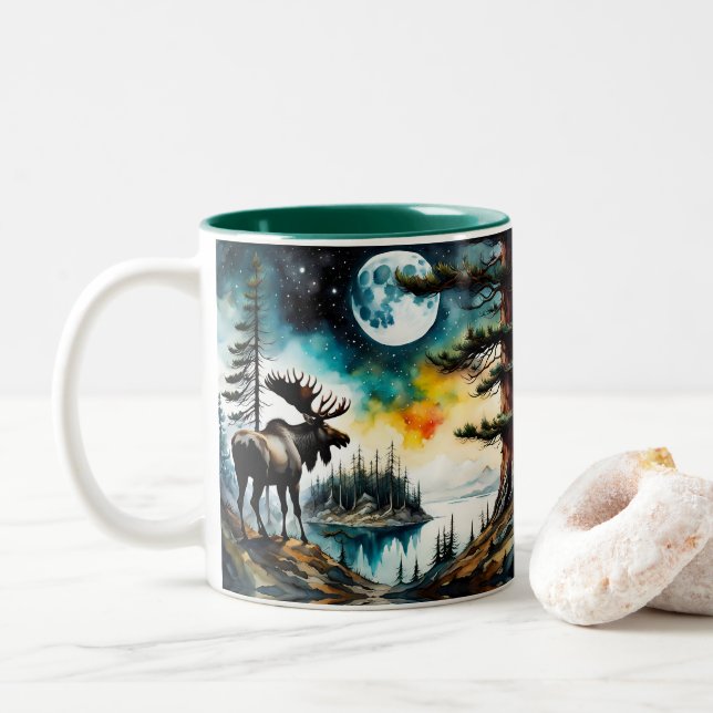 Alaskan Moose Standing on Mountain Ridge Two-Tone Coffee Mug (With Donut)
