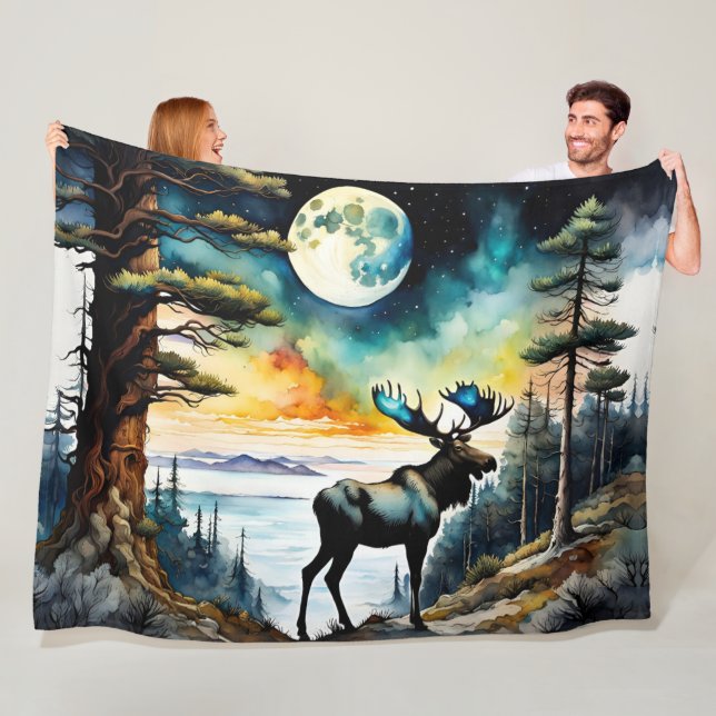 Alaskan Moose under the Moonlight Fleece Blanket (In Situ)