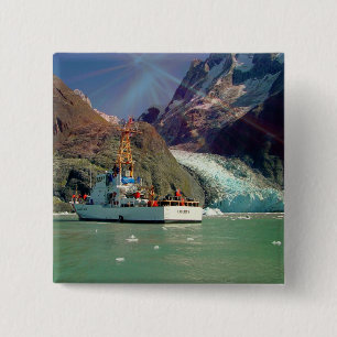 Alaskan Mountain View with Boat 15 Cm Square Badge